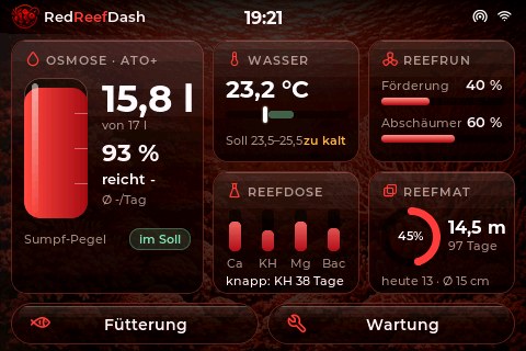 Der Startbildschirm: Osmose-Vorrat, Wassertemperatur, Pumpen, Dosierung und Vliesrolle